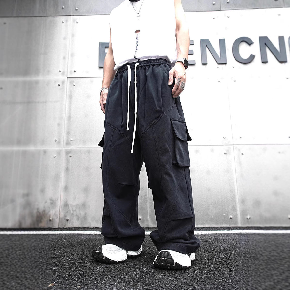 Baggy Cotton Black Cargo Pants , - Streetwear - Slick Street