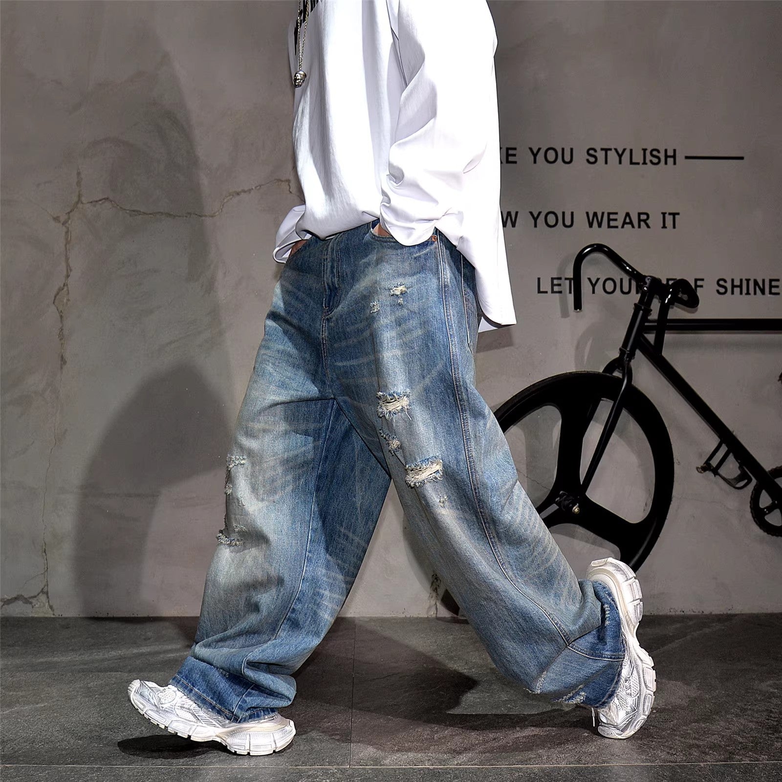 Drift Distressed Jeans - Vintage Blue , - Streetwear Jeans - Slick Street