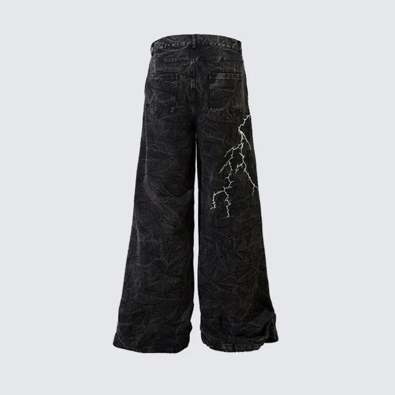 Lightning Embroidery Flared Jeans , - Streetwear Jeans - Slick Street