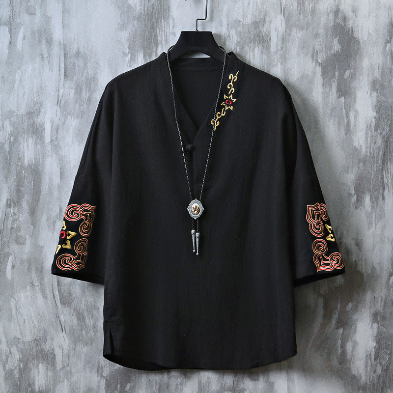 Chinese Embroidered V-Neck Hanfu Tee Black, XS - Streetwear T-Shirt - Slick Street