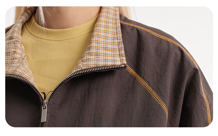Retro Varsity Plaid Stand Collar Jacket , - Streetwear Jacket - Slick Street