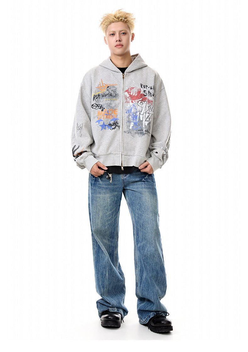 Graffiti Washed Zip Hoodie , - Streetwear Hoodie - Slick Street