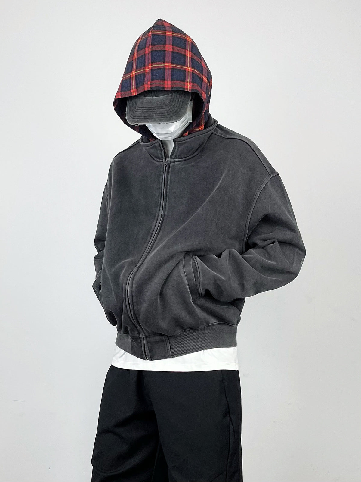 Plaid Hood Zip Hoodie Black, S - Streetwear Hoodie - Slick Street
