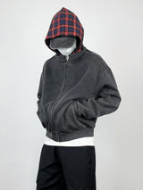 Plaid Hood Zip Hoodie Black, S - Streetwear Hoodie - Slick Street