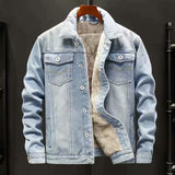 Velvet Thicken Denim Jacket Light Blue, XS - Streetwear Jacket - Slick Street