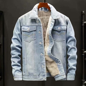 Velvet Thicken Denim Jacket Light Blue, XS - Streetwear Jacket - Slick Street