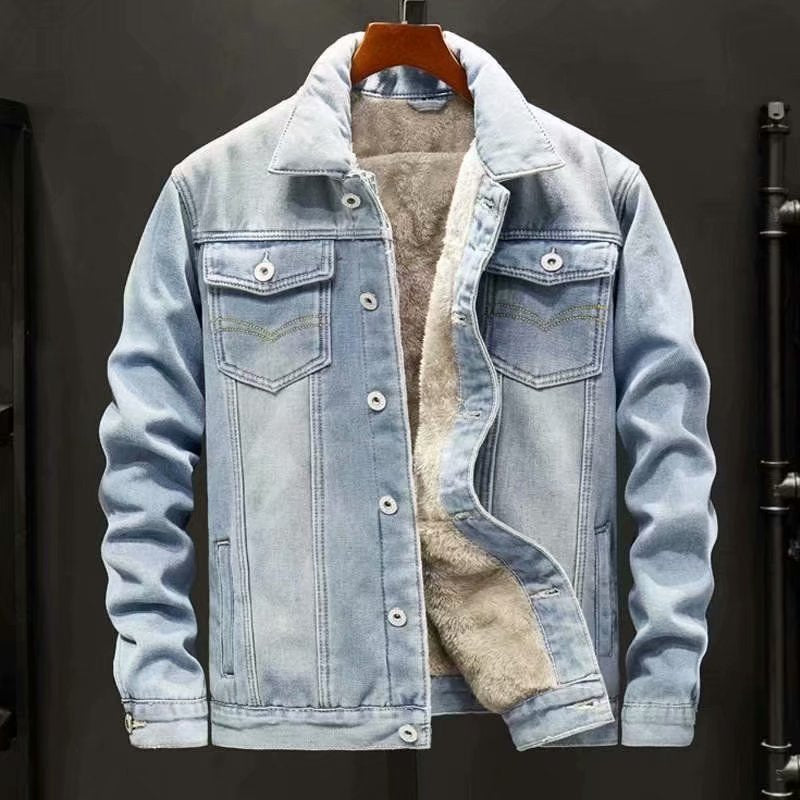 Velvet Thicken Denim Jacket Light Blue, XS - Streetwear Jacket - Slick Street