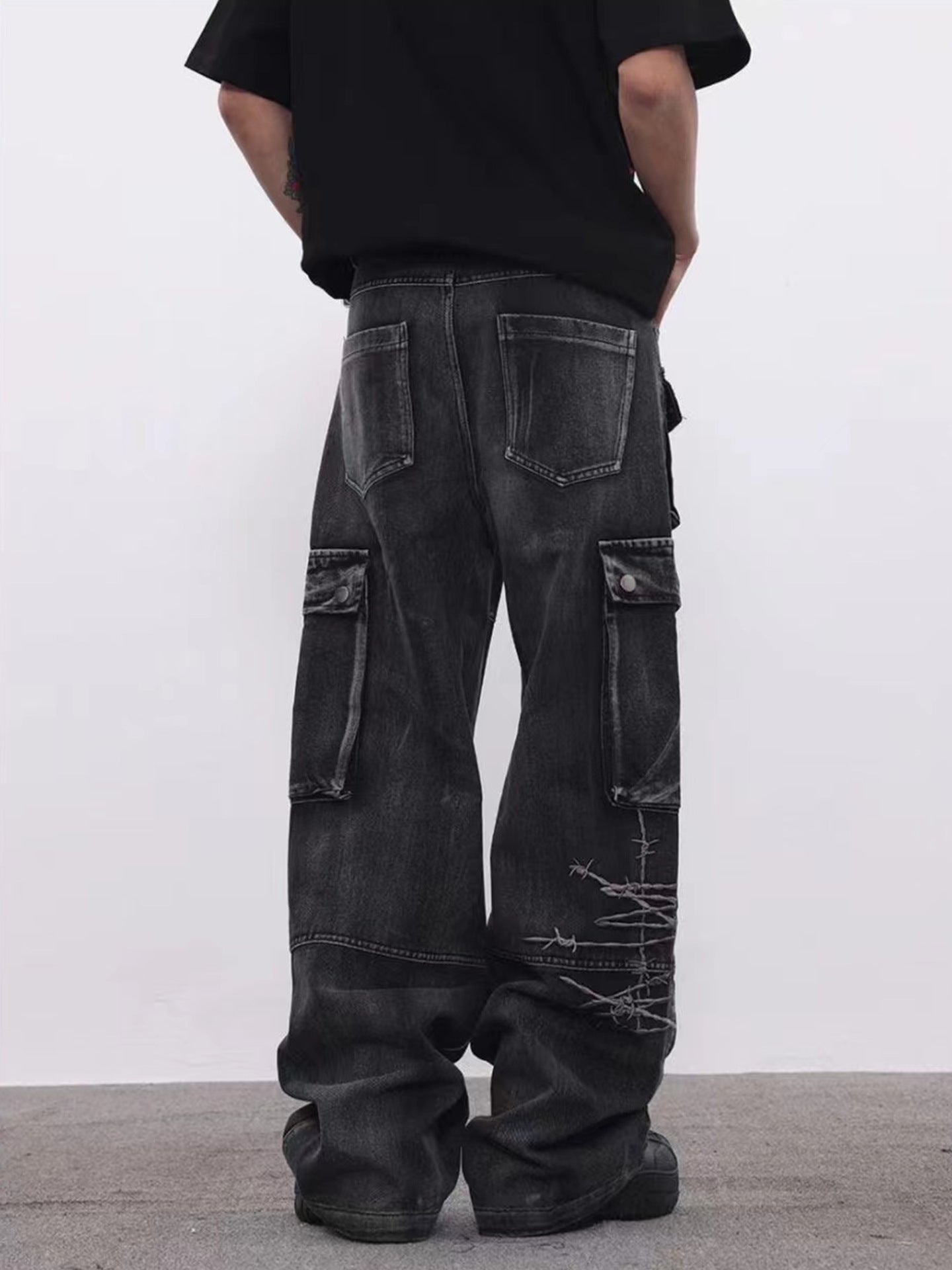 Barbed Baggy Embroidery Cargo Pants , - Streetwear - Slick Street