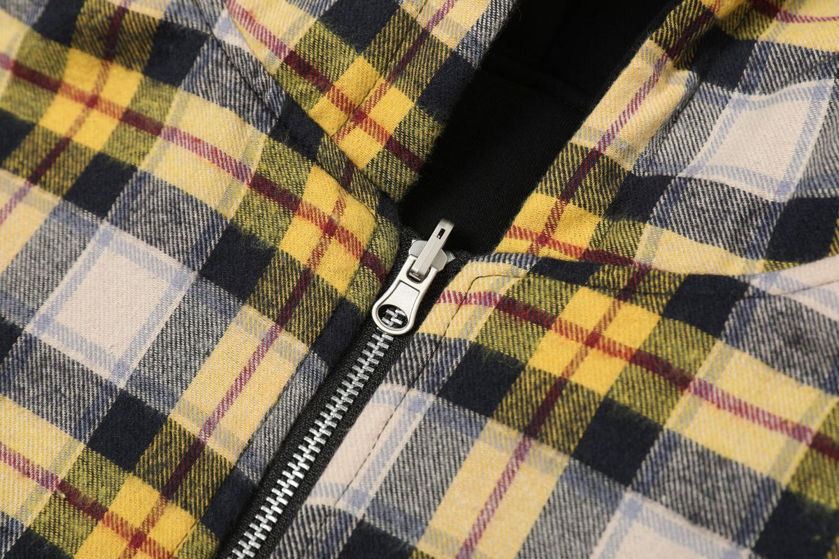 Plaid Reversible Zip Hoodie - Black Yellow , - Streetwear Hoodie - Slick Street