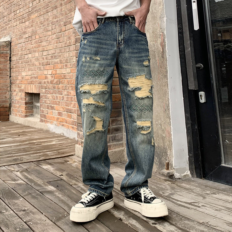 Embroidered Washed Ripped Jeans , - Streetwear Jeans - Slick Street