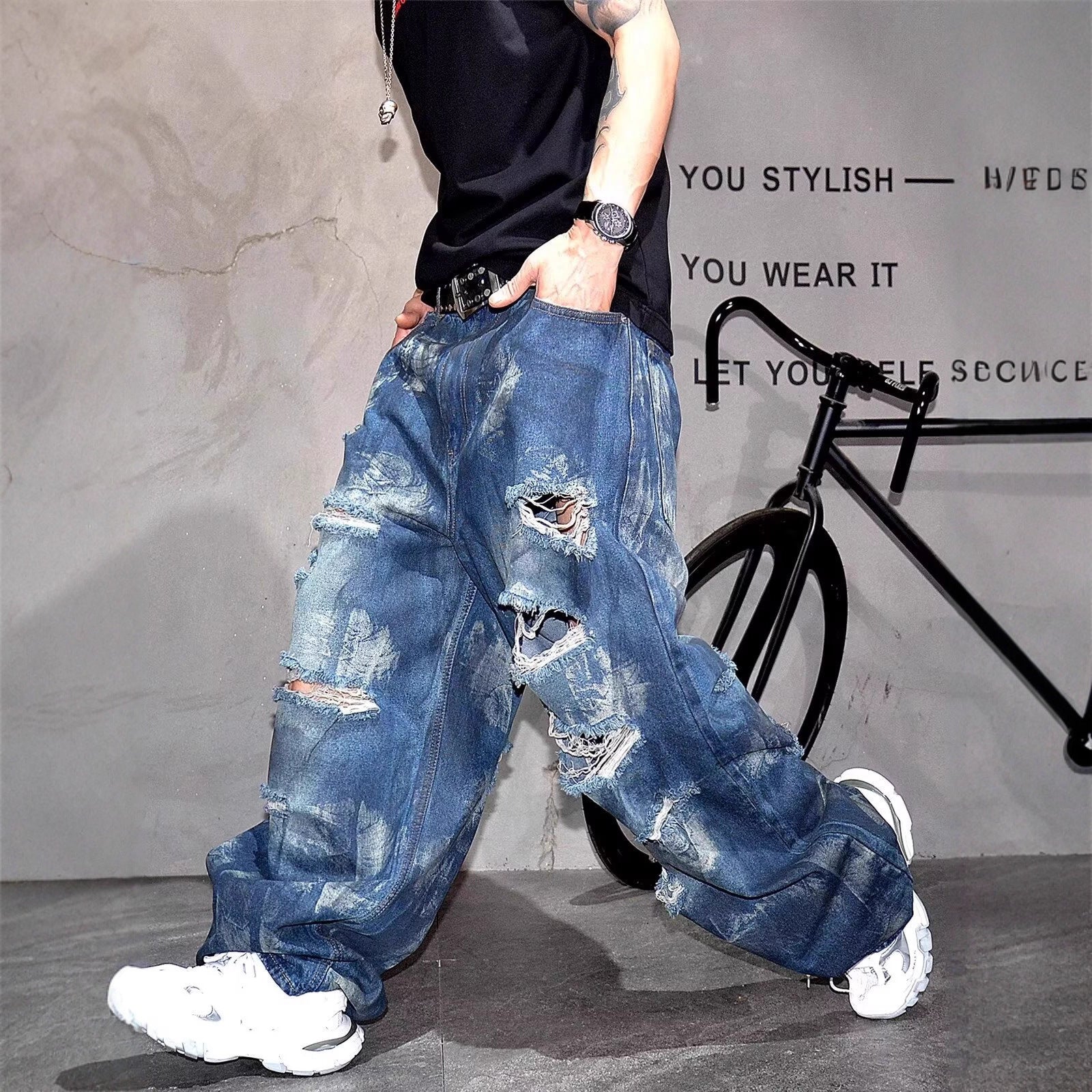 Ruin Distressed Jeans - Heavy Blue , - Streetwear Jeans - Slick Street