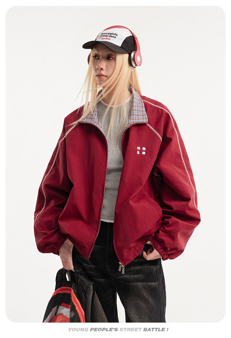 Retro Varsity Plaid Stand Collar Jacket , - Streetwear Jacket - Slick Street