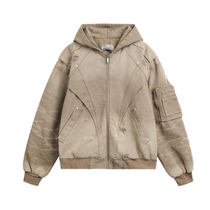Heavy Washed Distressed Jacket Sand, XS - Streetwear - Slick Street