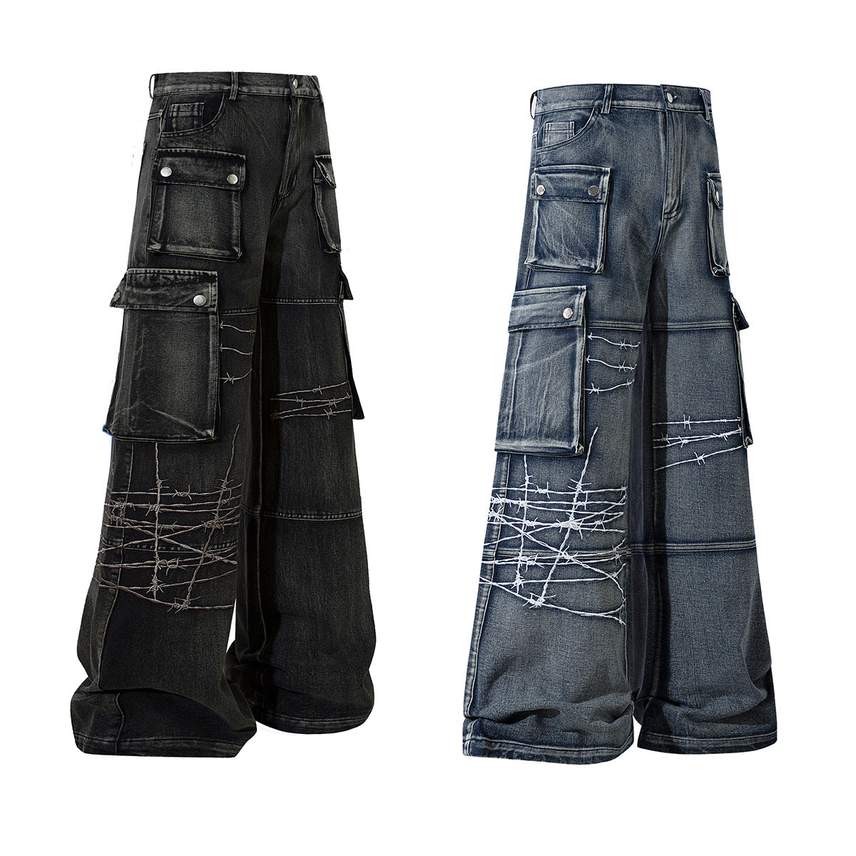 Barbed Baggy Embroidery Cargo Pants , - Streetwear - Slick Street