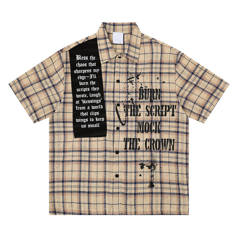 Splatter Print Plaid Shirt Beige, XS - Streetwear Shirt - Slick Street
