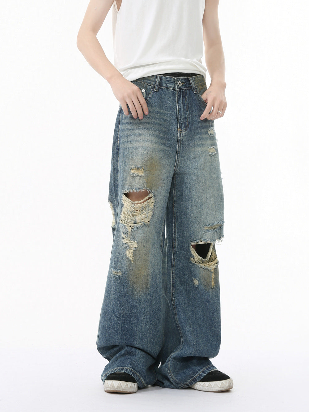 MTLCLOTHES Men's Wear | Four Seasons American Style Old Wear and Wear Trend Dirty Dye Retro Wide Leg Jeans Casual