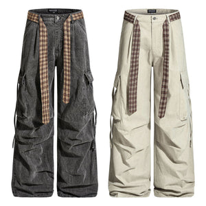 Vintage Washed Cargo Pants with Plaid Belt , - Streetwear Pants - Slick Street