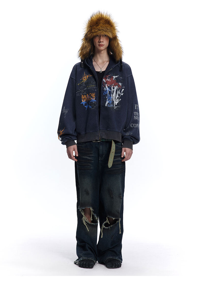 Graffiti Washed Zip Hoodie , - Streetwear Hoodie - Slick Street