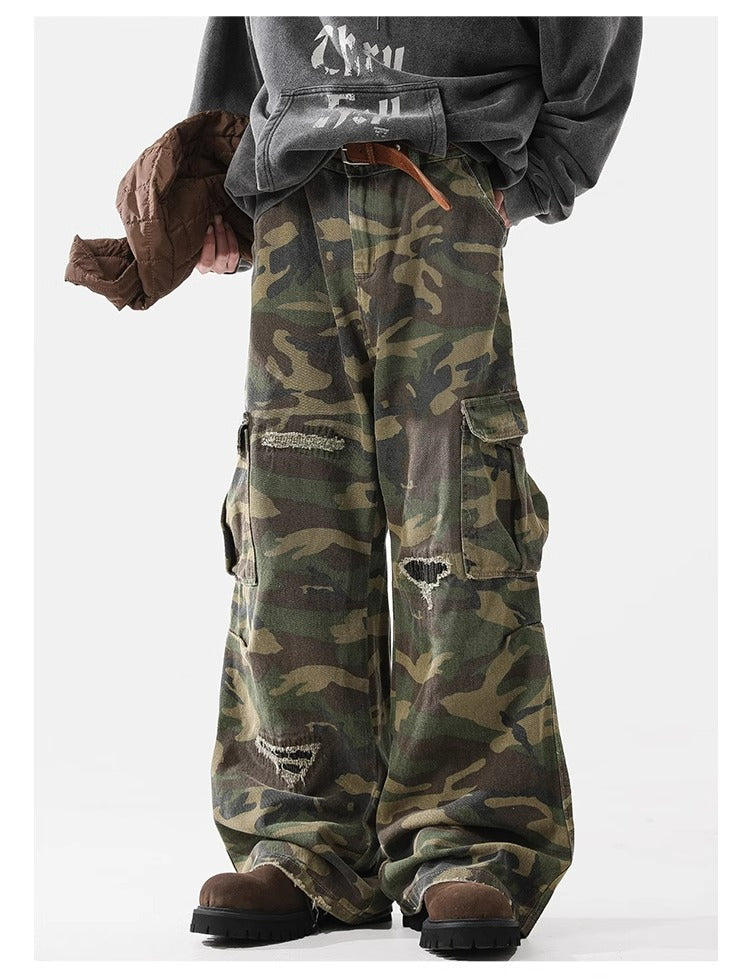 Camo Distressed Cargos , - Streetwear Cargo Pants - Slick Street