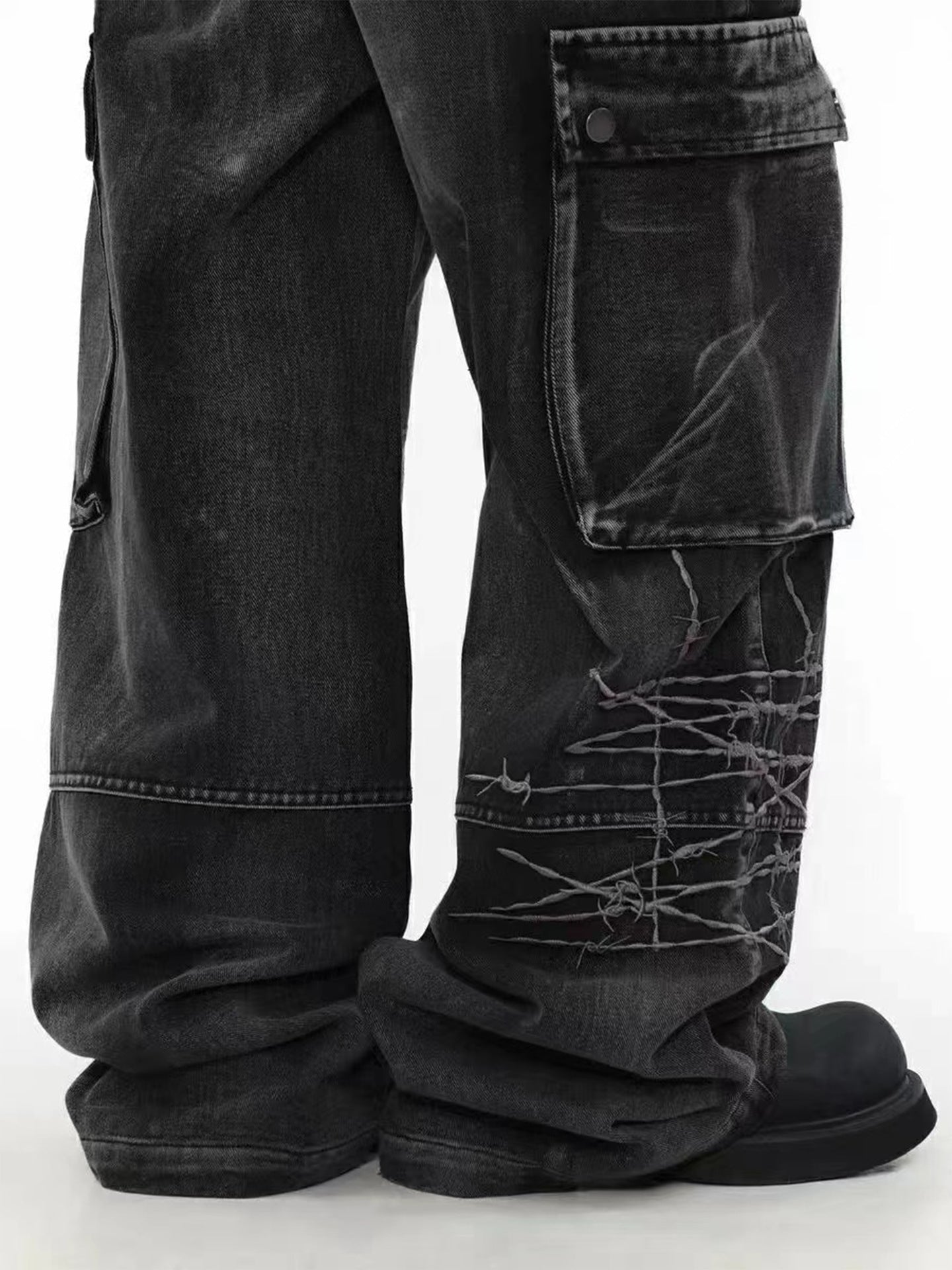 Barbed Baggy Embroidery Cargo Pants , - Streetwear - Slick Street