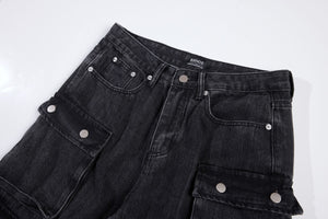 Washed Black Vintage Straight Leg Cargo Jeans , - Streetwear - Slick Street