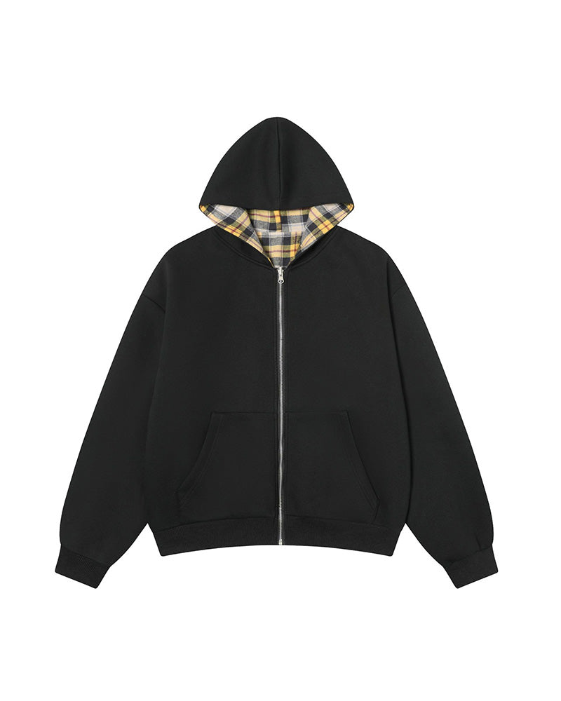 Plaid Reversible Zip Hoodie - Black Yellow , - Streetwear Hoodie - Slick Street