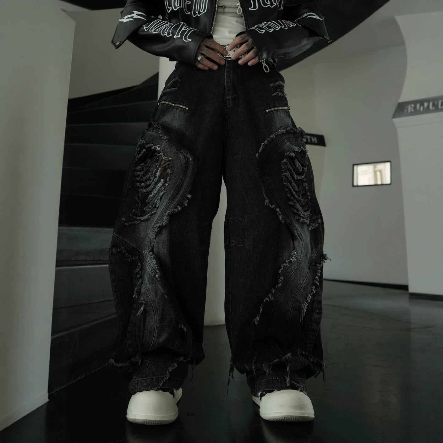 Distressed Biker Wide Leg Jeans Black, XS - Streetwear Jeans - Slick Street