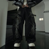 Distressed Biker Wide Leg Jeans Black, XS - Streetwear Jeans - Slick Street