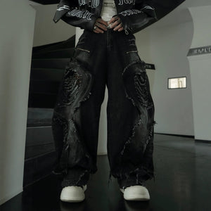 Distressed Biker Wide Leg Jeans Black, XS - Streetwear Jeans - Slick Street