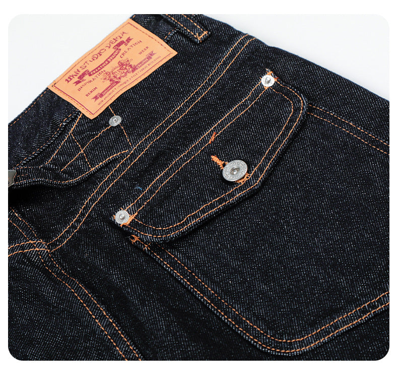 11Kn American Retro Raw Denim Blue Jeans for Men and Women with Visible Stitching, Unique Waist Buckle Design, Slimming, Trendy, Loose Casua