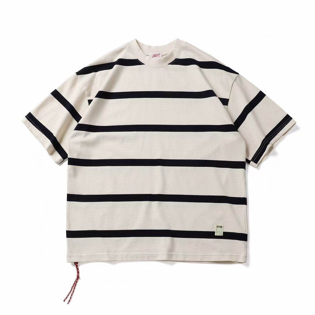 Retro Heavyweight Striped Cotton Tee Beige Black Stripes, XXS - Streetwear T-Shirts - Slick Street