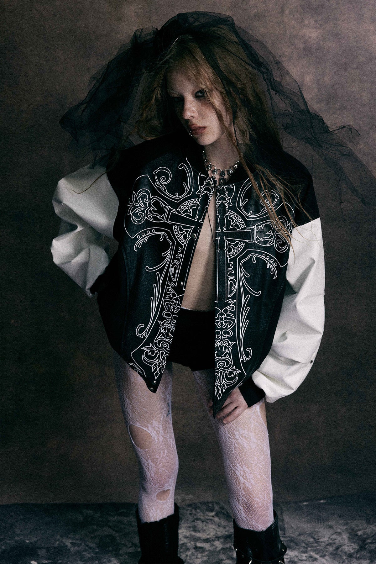 Cross Embroidery Leather Varsity Jacket , - Streetwear - Slick Street