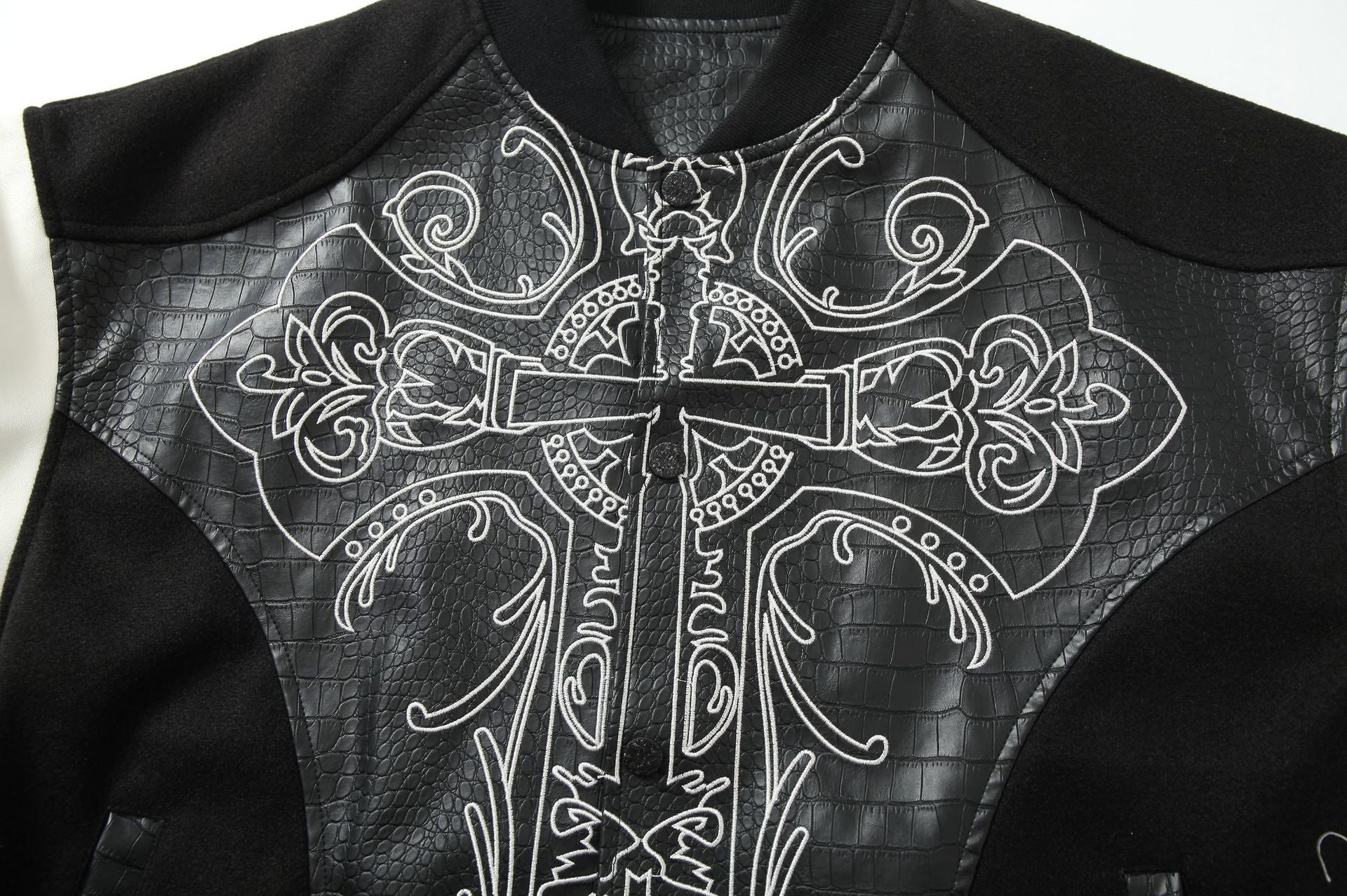 Cross Embroidery Leather Varsity Jacket , - Streetwear - Slick Street