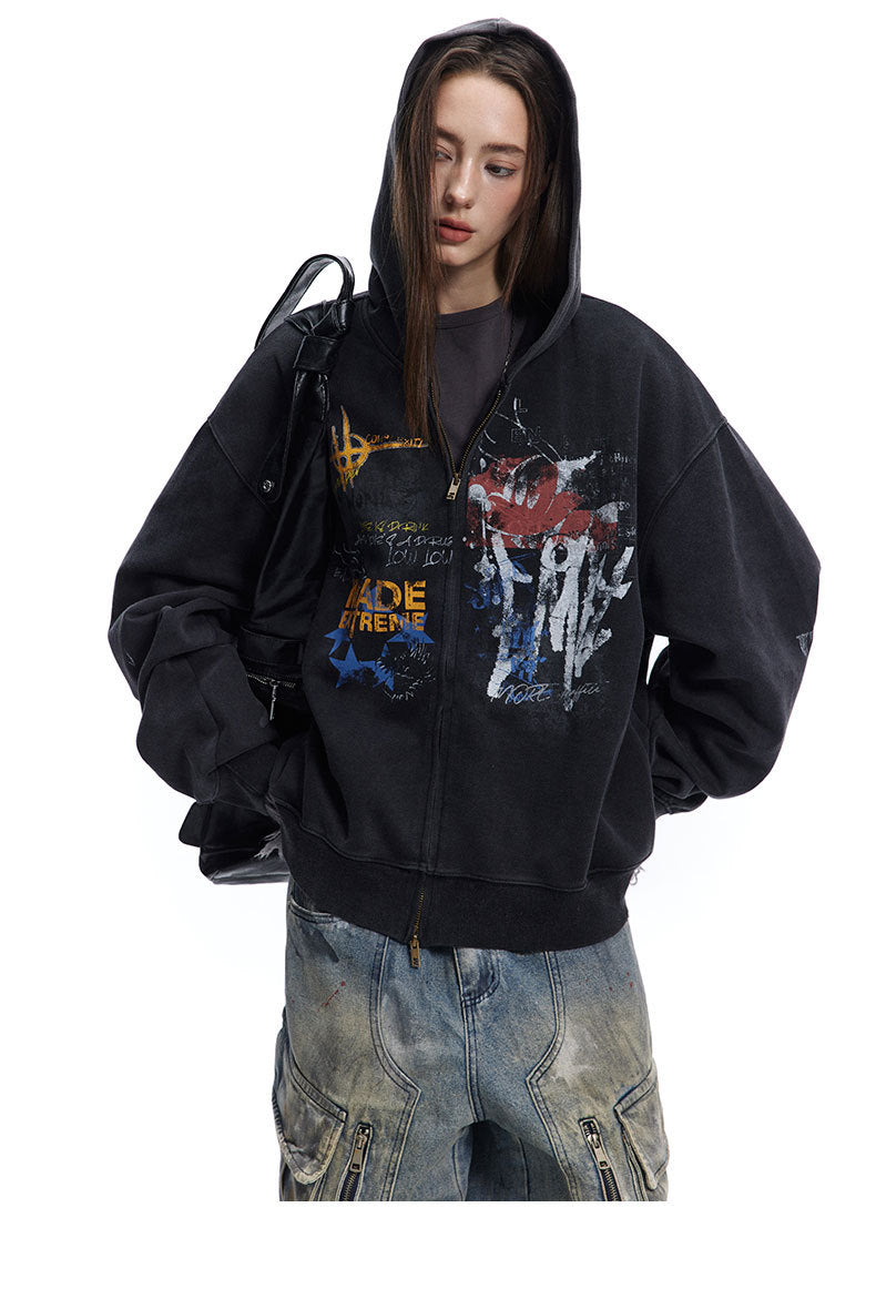Graffiti Washed Zip Hoodie , - Streetwear Hoodie - Slick Street