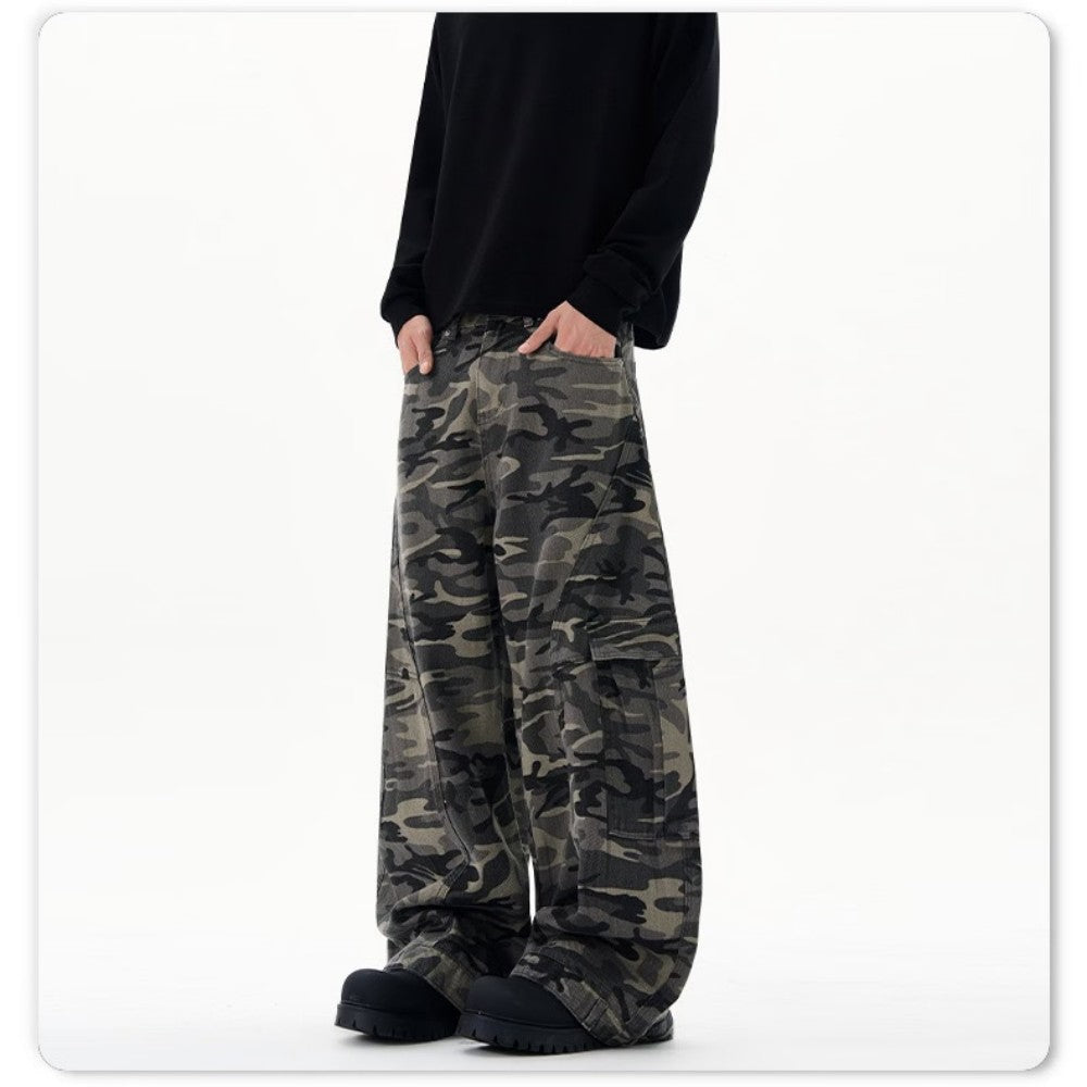 Retro Camo Workwear Wide-Leg Jeans , - Streetwear Jeans - Slick Street