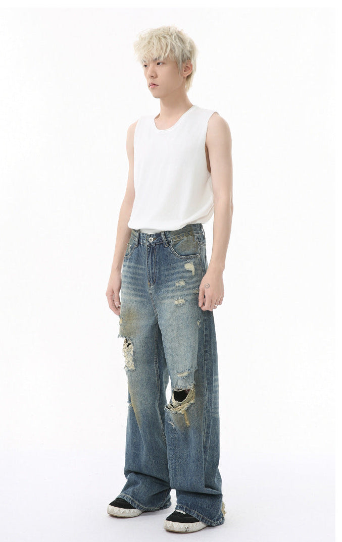 MTLCLOTHES Men's Wear | Four Seasons American Style Old Wear and Wear Trend Dirty Dye Retro Wide Leg Jeans Casual