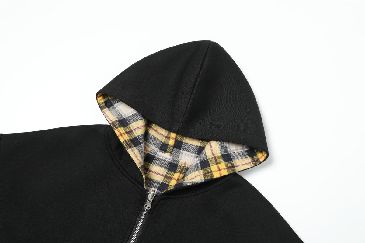 Plaid Reversible Zip Hoodie - Black Yellow , - Streetwear Hoodie - Slick Street