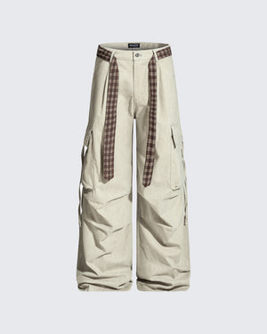Vintage Washed Cargo Pants with Plaid Belt , - Streetwear Pants - Slick Street
