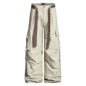 Vintage Washed Cargo Pants with Plaid Belt Apricot, XS - Streetwear Pants - Slick Street