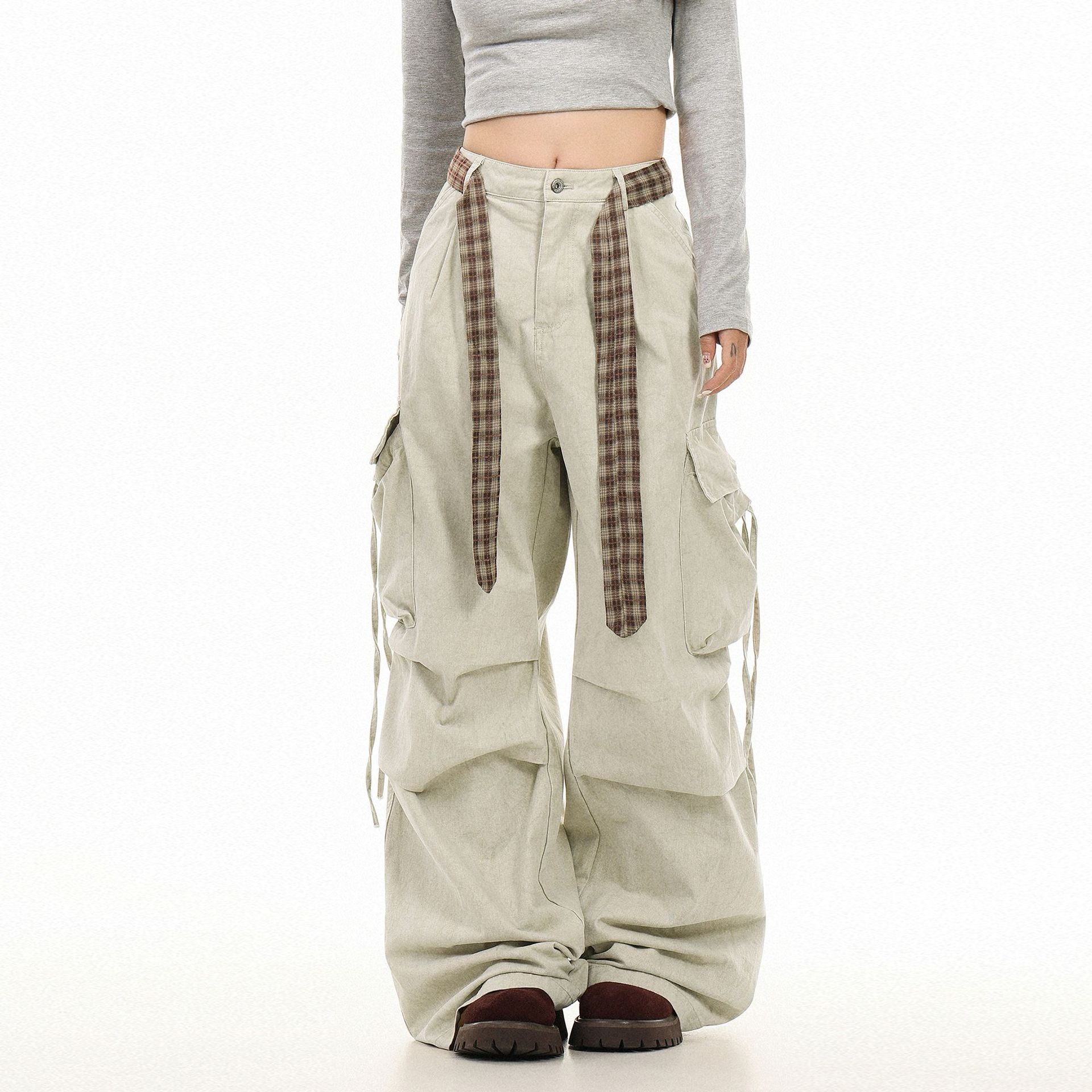 Vintage Washed Cargo Pants with Plaid Belt , - Streetwear Pants - Slick Street