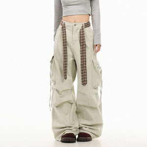 Vintage Washed Cargo Pants with Plaid Belt , - Streetwear Pants - Slick Street