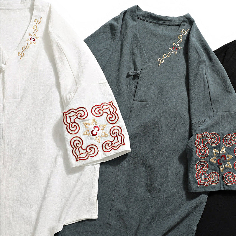 Chinese Embroidered V-Neck Hanfu Tee , - Streetwear T-Shirt - Slick Street