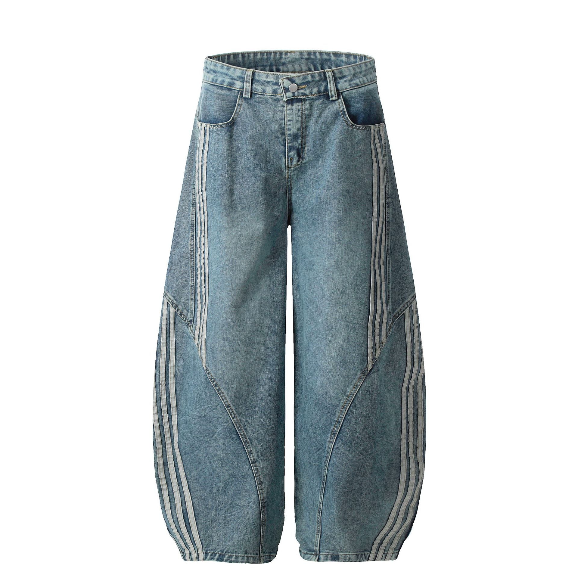 Panel Stripe Baggy Jeans Blue, 28 - Streetwear Jeans - Slick Street
