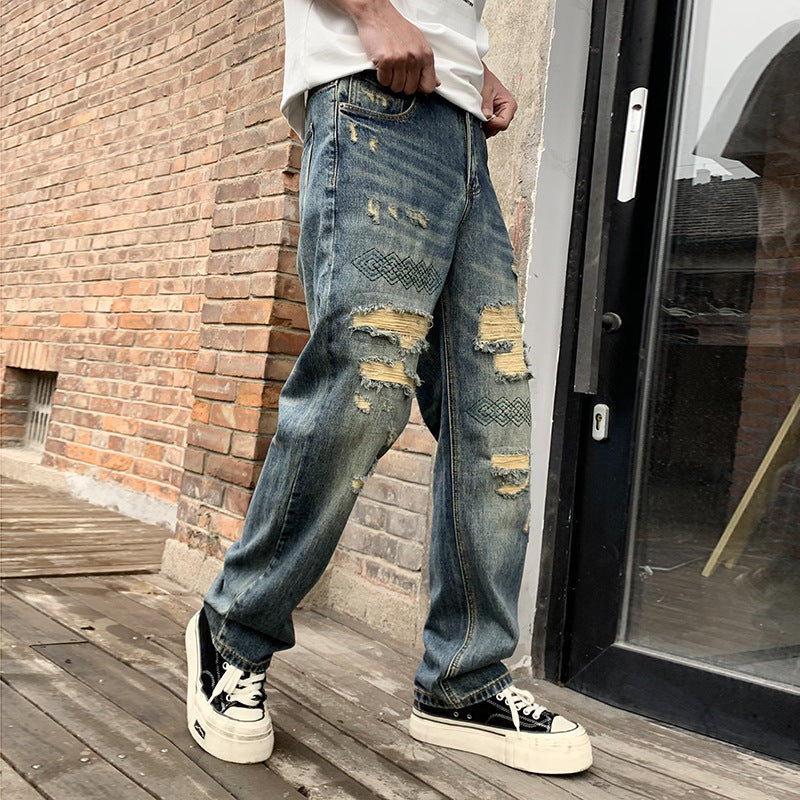 Embroidered Washed Ripped Jeans , - Streetwear Jeans - Slick Street