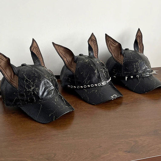 Punk Doberman Ears Leather Baseball Cap , - Streetwear Cap - Slick Street