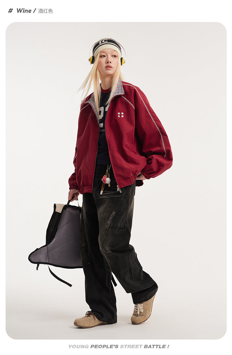 Retro Varsity Plaid Stand Collar Jacket , - Streetwear Jacket - Slick Street