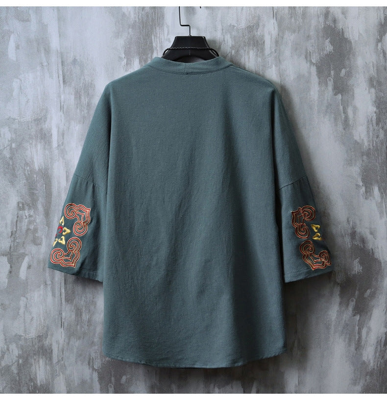 Chinese Embroidered V-Neck Hanfu Tee , - Streetwear T-Shirt - Slick Street