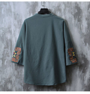 Chinese Embroidered V-Neck Hanfu Tee , - Streetwear T-Shirt - Slick Street