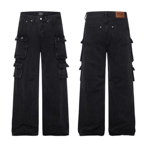 Washed Black Vintage Straight Leg Cargo Jeans , - Streetwear - Slick Street
