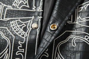 Cross Embroidery Leather Varsity Jacket , - Streetwear - Slick Street